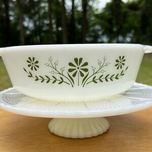 Vintage Pyrex milk glass green flowers Glasbake Crazy Daisy Casserole 437